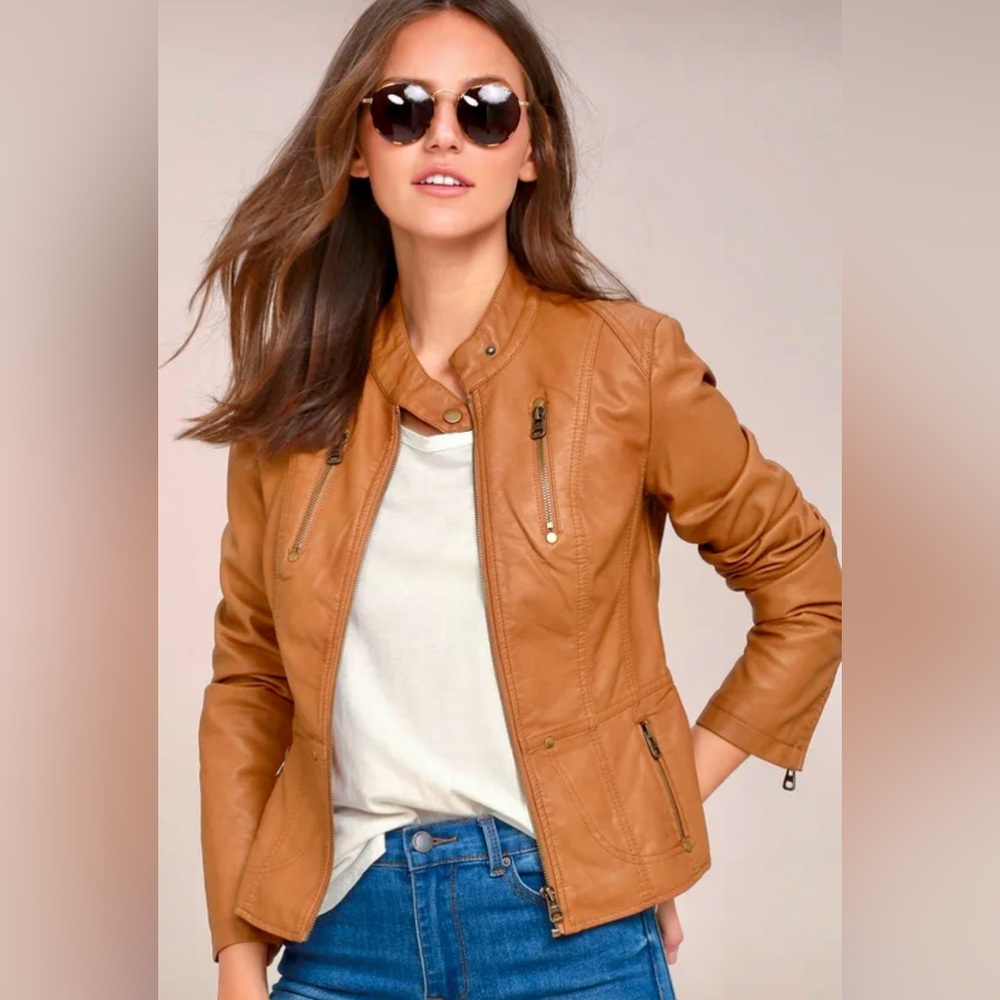 Peace of Mind Tan Vegan Leather Moto Jacket